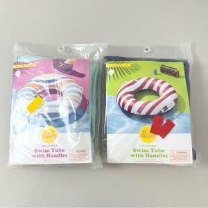 Lot Of 2 New Sun Squad Inflatable 36” Swim Tube With Handles Red Stripe Pastel